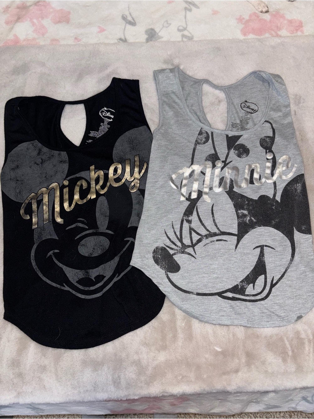 Set of two Disney Black & Gray Mickey and Minnie Metallic Script Tank Tops